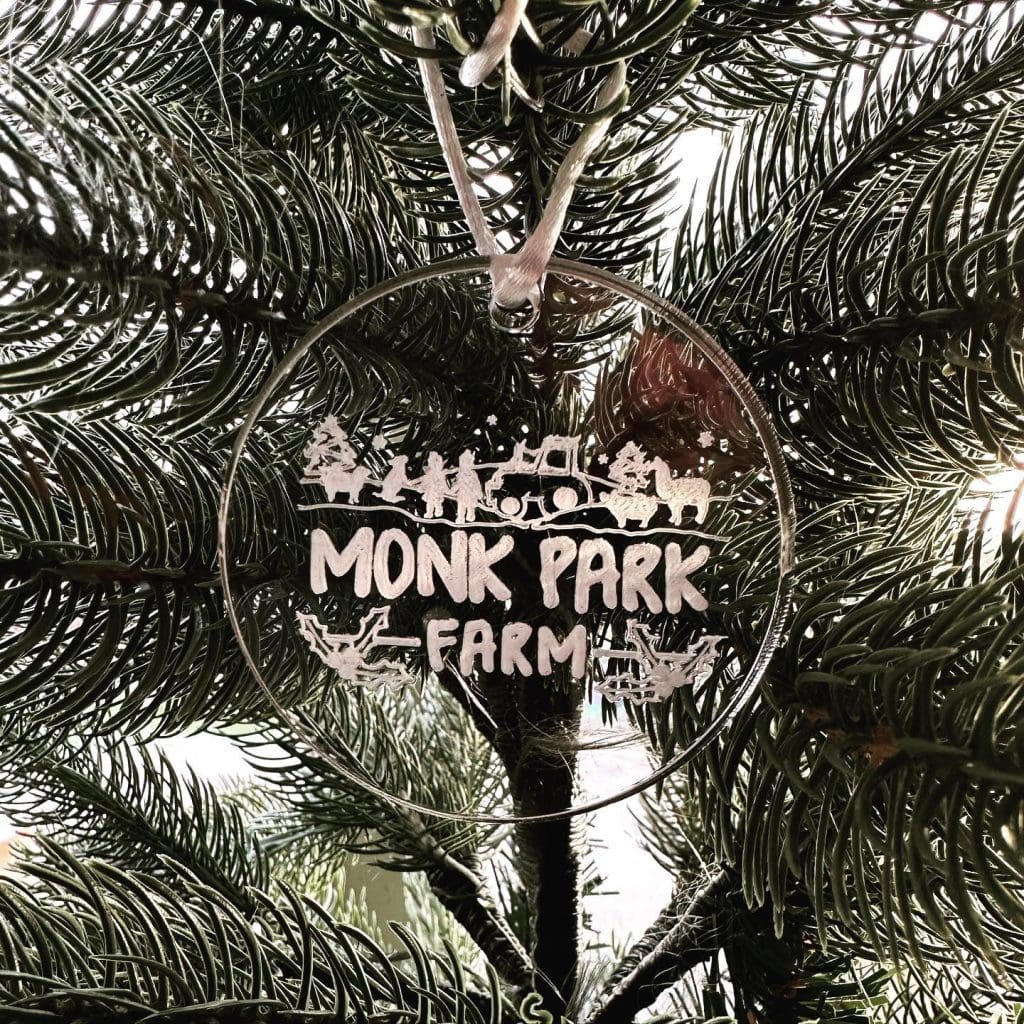 Monk Park Farm Christmas bauble made by Jennyruth Workshops